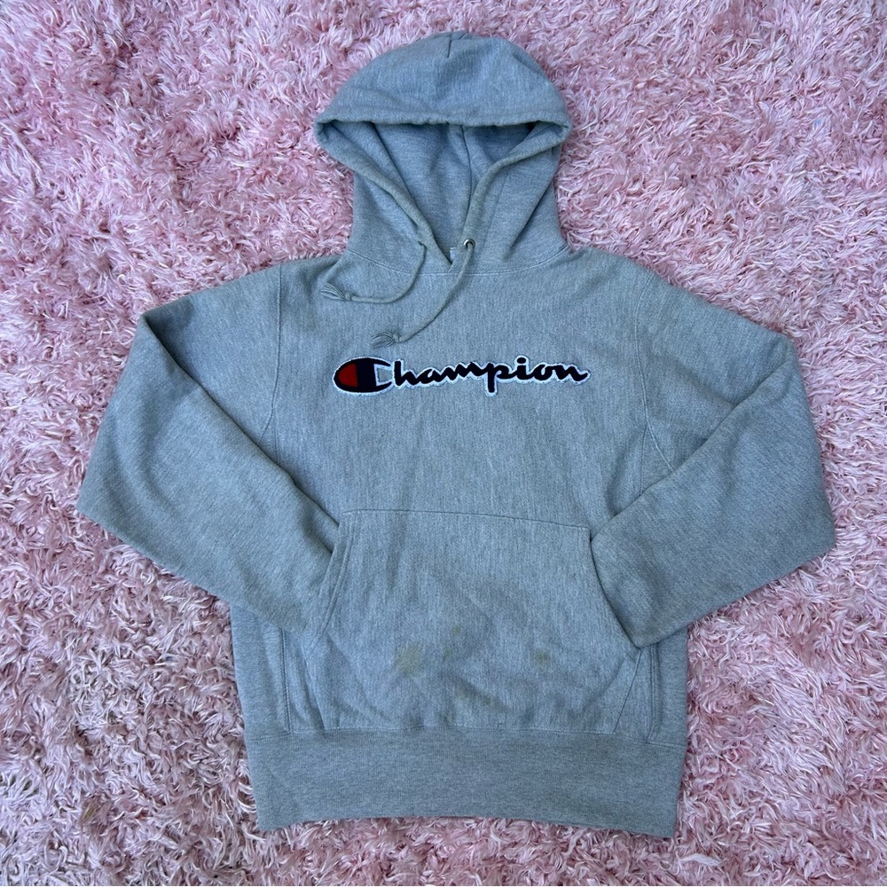 champion gray reverse weave large logo hoodie sweatshirt, unisex/mens size small